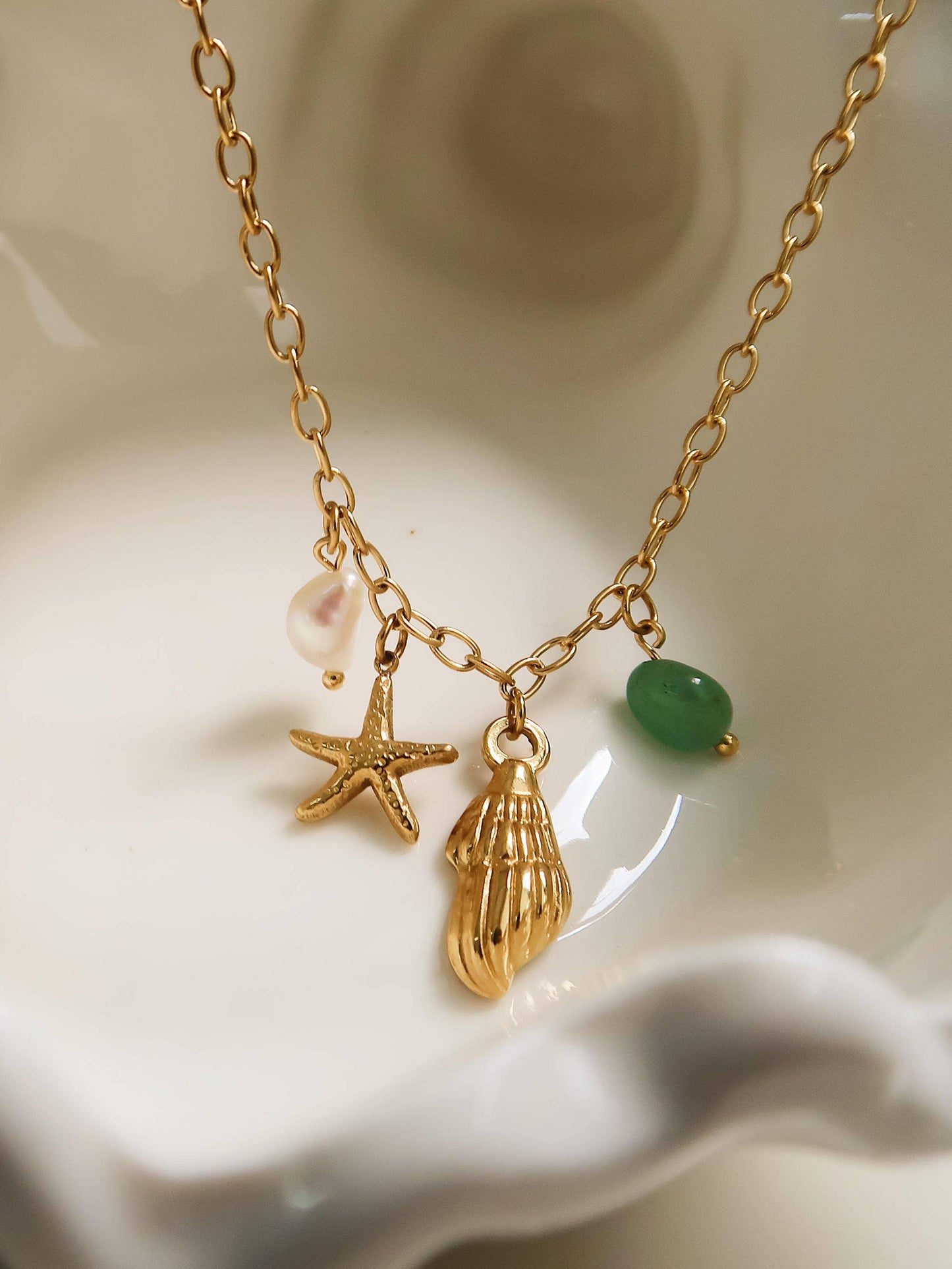 Bonbon 18K Gold Non-Tarnish Pearl and Shell Charm Necklace: Yellow Gold