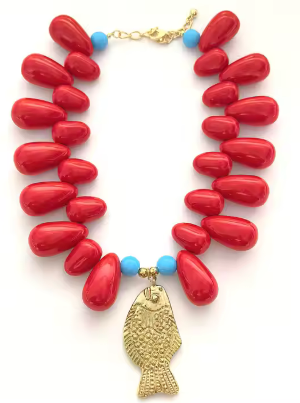 Lucky Fish- Kitsch and Sea- Resin Bead Statement Necklace: Raspberry
