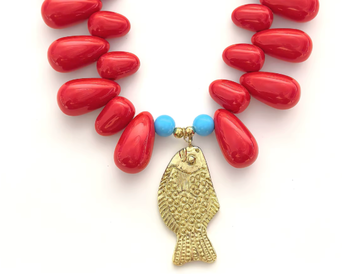 Lucky Fish- Kitsch and Sea- Resin Bead Statement Necklace: Raspberry