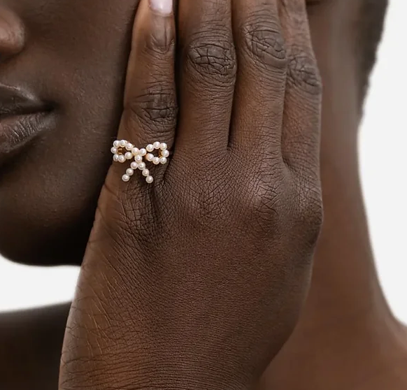 Mini Pearl Bow Ring- Steel- Adjustable 14K Gold