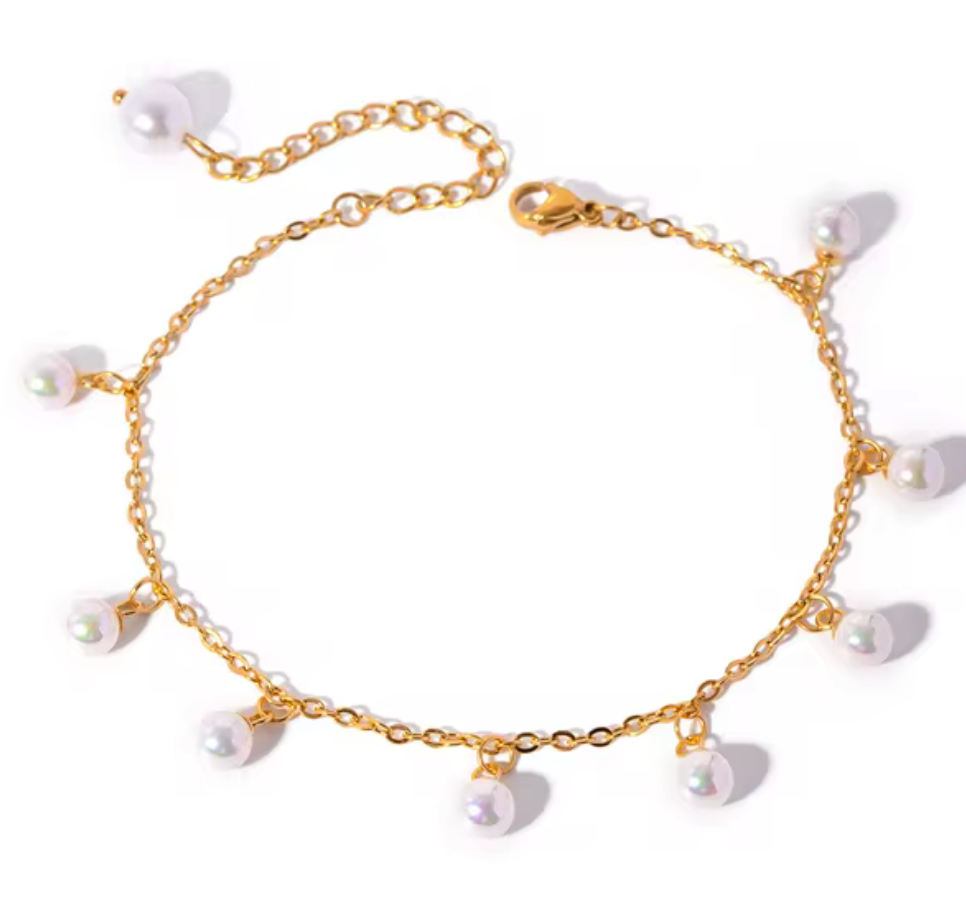 Beach Lake Repeat Anklet- Stainless Steel Faux Pearl