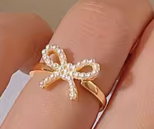 Mini Pearl Bow Ring- Steel- Adjustable 14K Gold