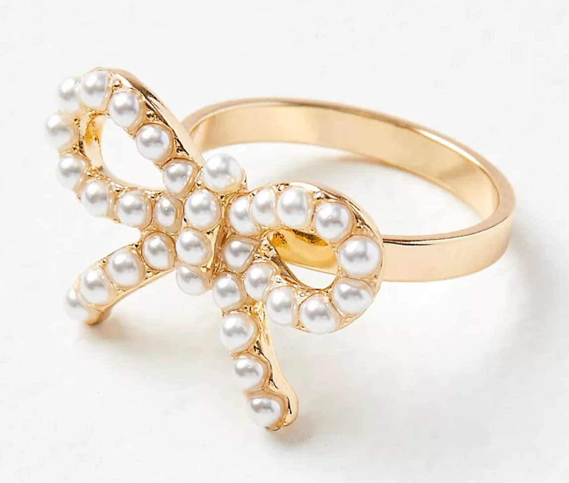 Mini Pearl Bow Ring- Steel- Adjustable 14K Gold