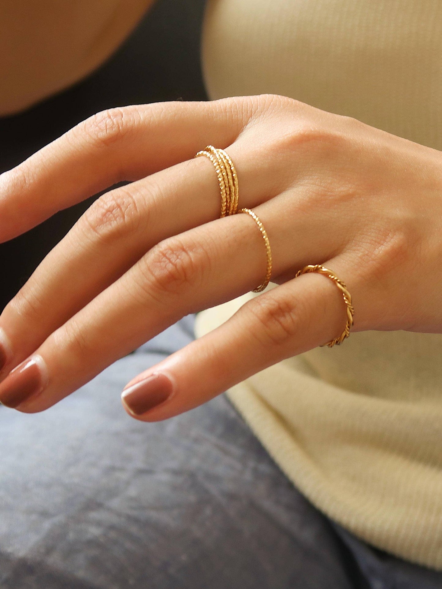 8K Non-Tarnish Minimalist Thin Braided Ring: Yellow Gold / Riley-Textured-7