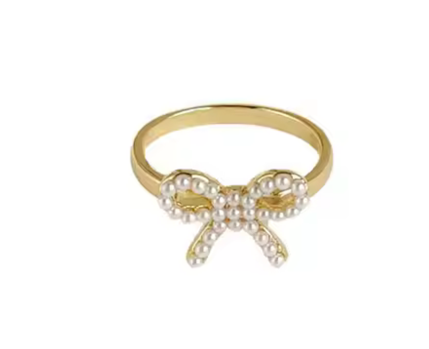 Mini Pearl Bow Ring- Steel- Adjustable 14K Gold