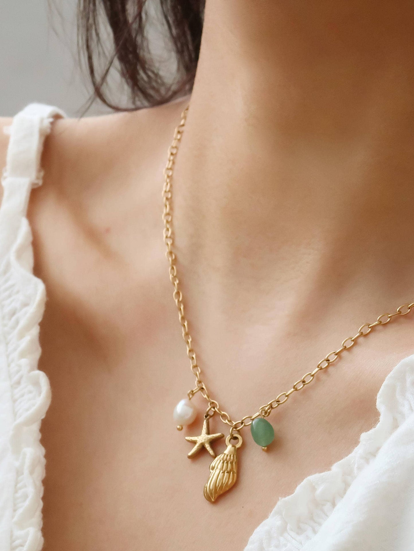 Bonbon 18K Gold Non-Tarnish Pearl and Shell Charm Necklace: Yellow Gold