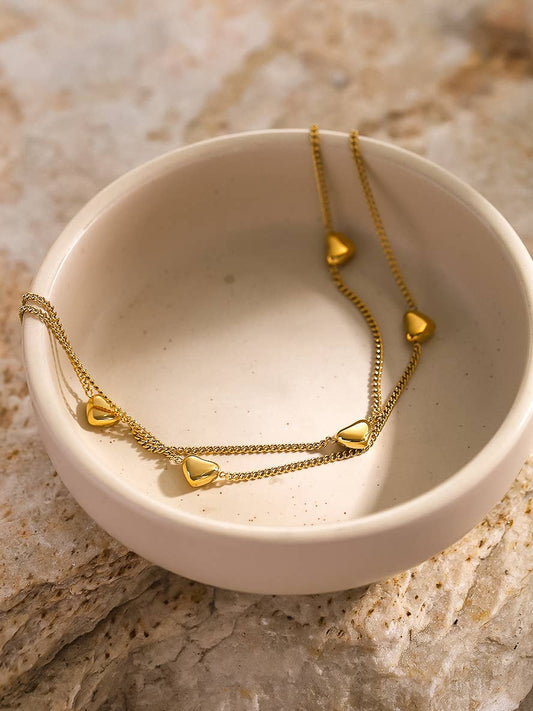 Taylar 18K Gold Non-Tarnish Layered Heart Anklets: Yellow Gold