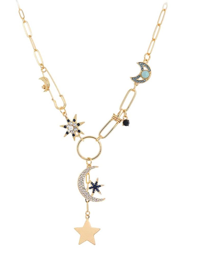 Celestial Coin Charm Necklace Lariat Moon