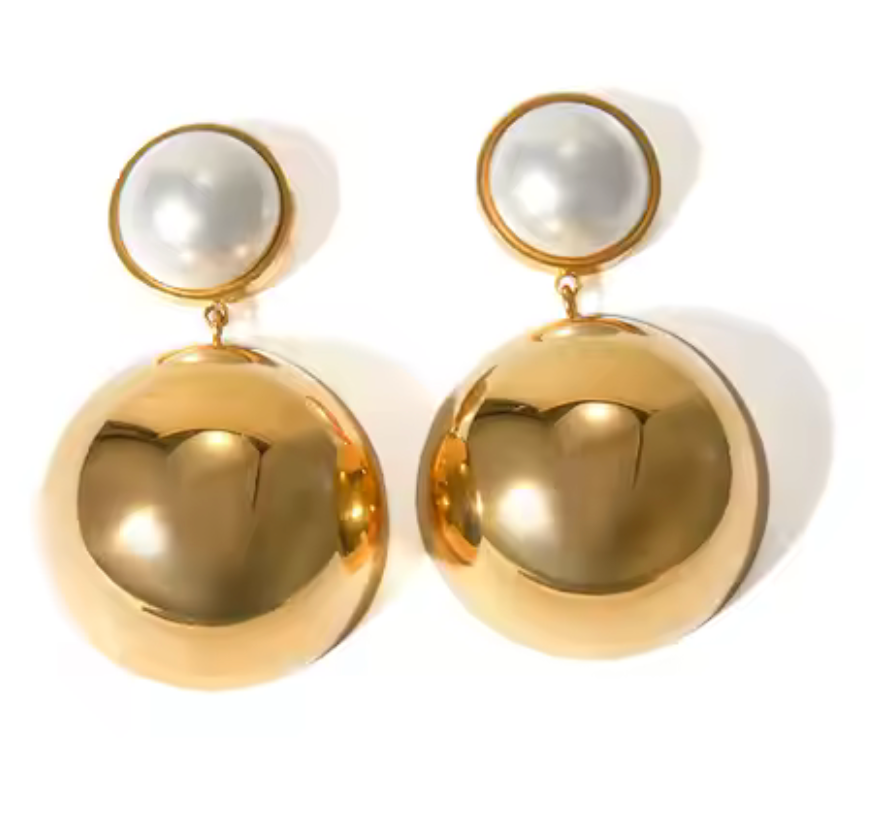 Ball Drop- Pearl Earring- Steel 14K Gold