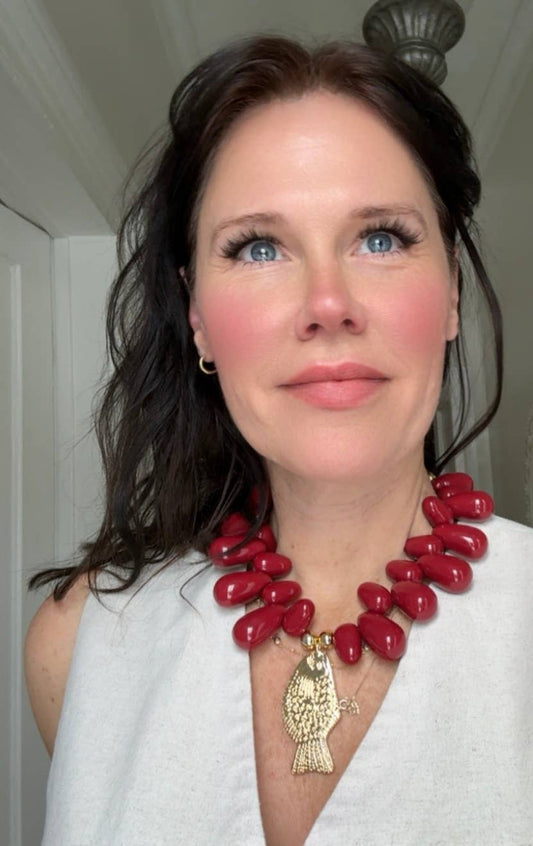 Lucky Fish- Kitsch and Sea- Resin Bead Statement Necklace: Raspberry
