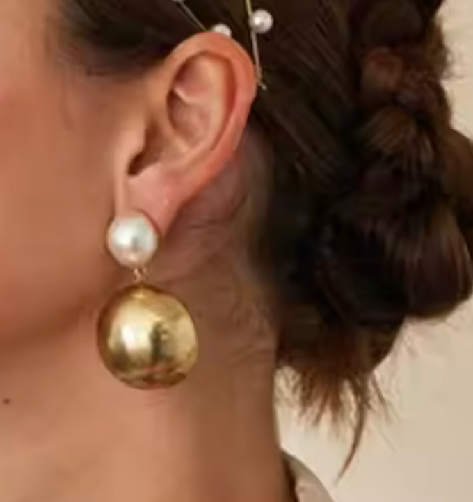 Ball Drop- Pearl Earring- Steel 14K Gold