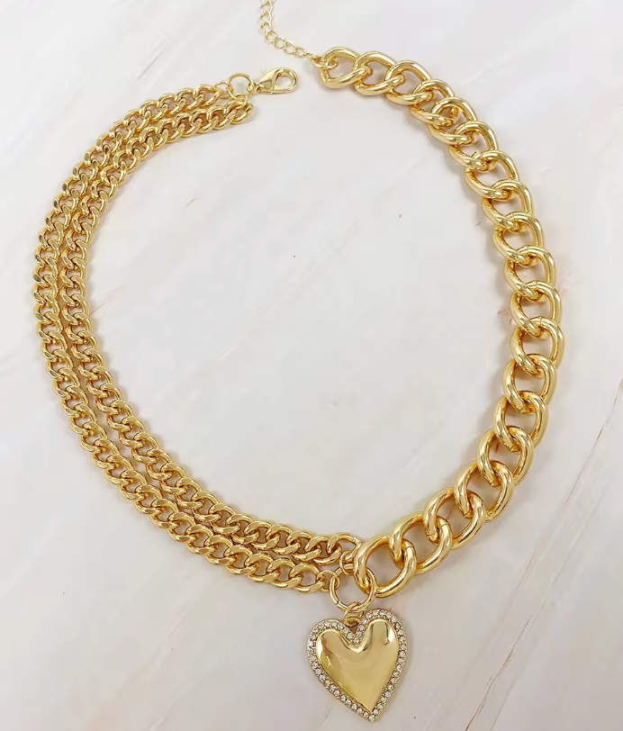 Whole Hearted Chain Heart Crystal Necklace: Yellow Gold