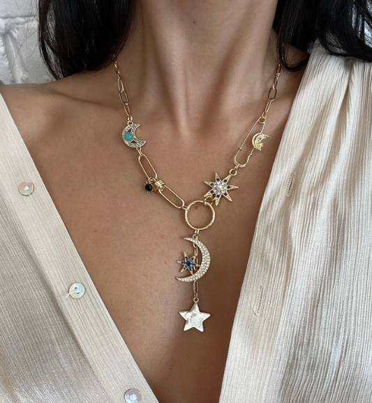 Celestial Coin Charm Necklace Lariat Moon